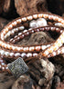 Boho Bracelet, RH 5 Layers Leather Wrap Bracelet, White Pink Natural Peal